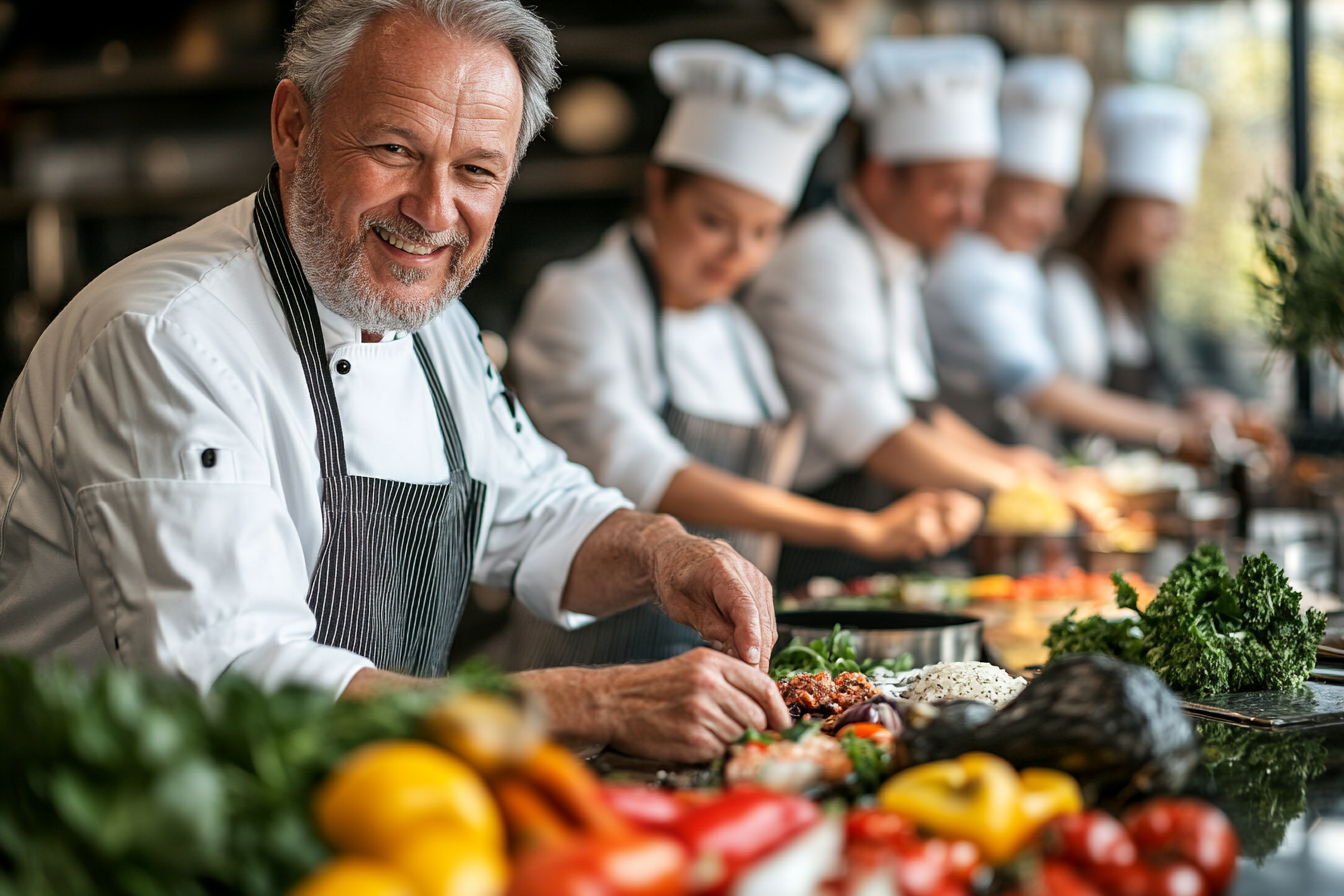 Група щастливи възрастни хора на кулинарен курс